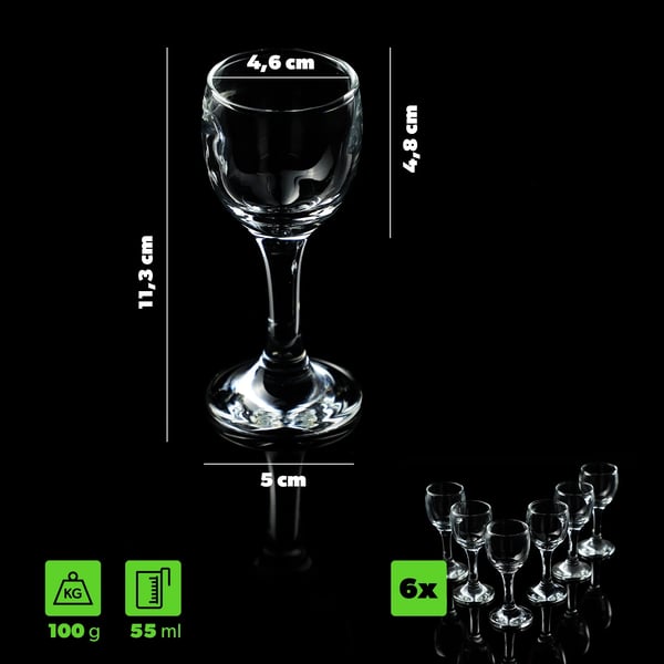 Snapseglas/Shotglas - Sæt med 6 - Kapacitet 55 ml - Til vodka, likør og tinkturer - FCM-certificerede