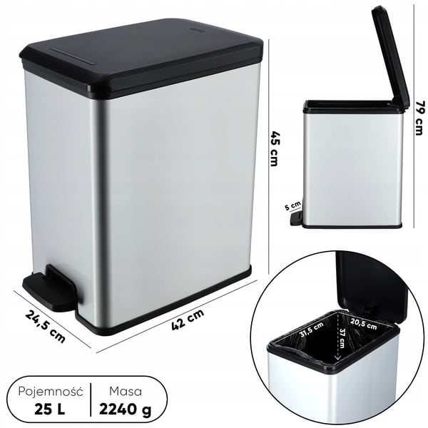 Pedalspand - Affaldsspand 25 L - Metal look - Med Pedal