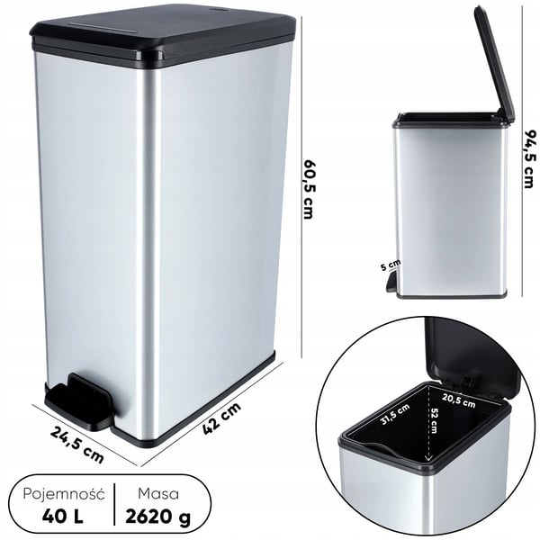 Pedalspand - Affaldsspand 40 l - Metalliseret Overflade - Med Pedal