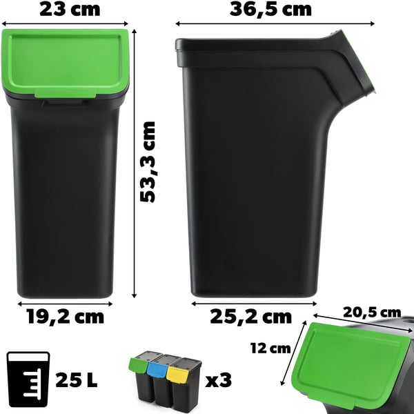 Affaldssorteringsspande - Skraldespand - 25 L - 3-Pak - Til Affaldssortering - Sort