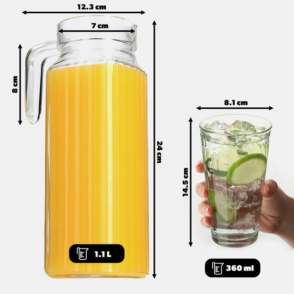 Kande og 6 glas sæt - Serveringssæt - Kande 1,1 l - Glas 360 ml - Til vand og juice - Sæt i 7 dele