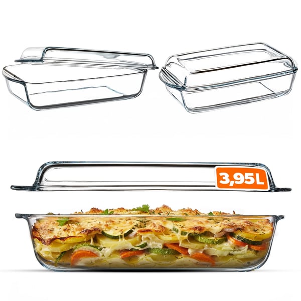 Ildfast fad - Gratinform med låg - Kapacitet 3,95 l - Rektangulær - Varmebestandig keramik - Ovnfast