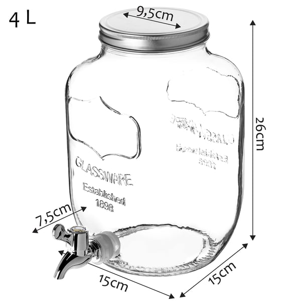 Glaskrukke - Lemonadekrukke - 4 l - Glas - Skruelåg - Fødevaregodkendt - Til lemonade, juice og drikke - Klar