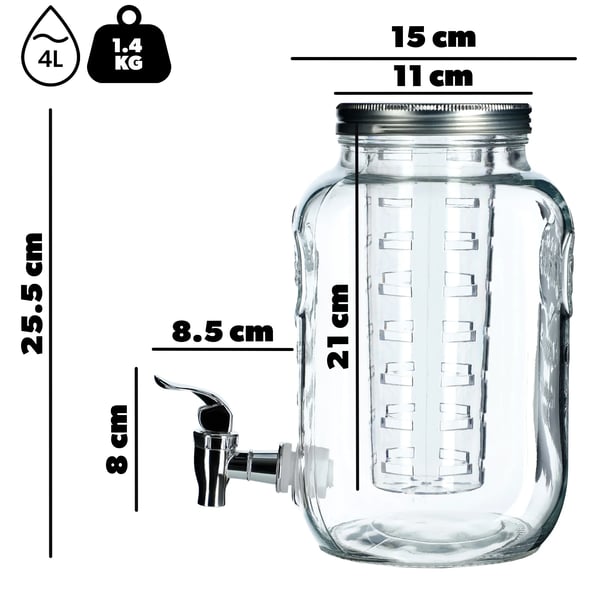 Glasbeholder til drikke - 4 l - Til vand, lemonade og juice - Med indsats - Fødevaresikker (FCM)