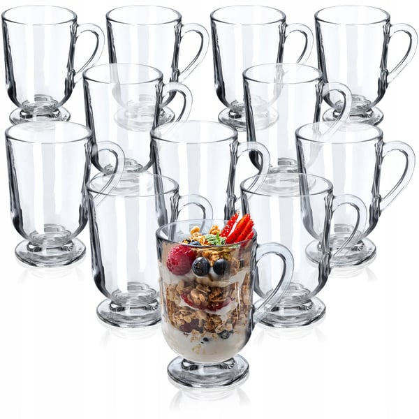 Kaffeglas til latte og te - Glaskrus - Sæt 12 stk - 300 ml - Med hank - Transparent