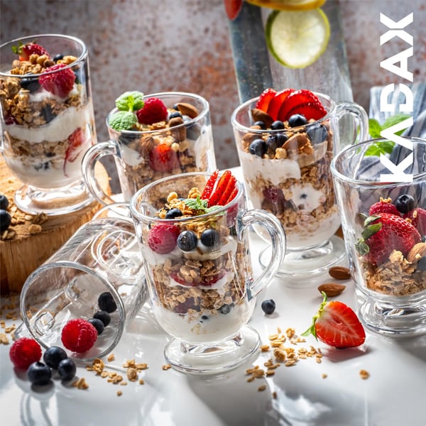 Kaffeglas til latte og te - Glaskrus - Sæt 12 stk - 300 ml - Med hank - Transparent