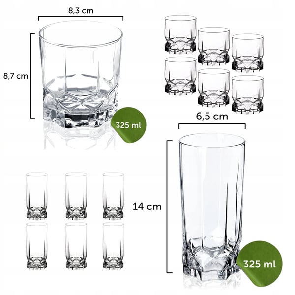 Drikkeglas Vandglas - Glassæt - 12-pak - 325 ml - Til vand, juice og sodavand