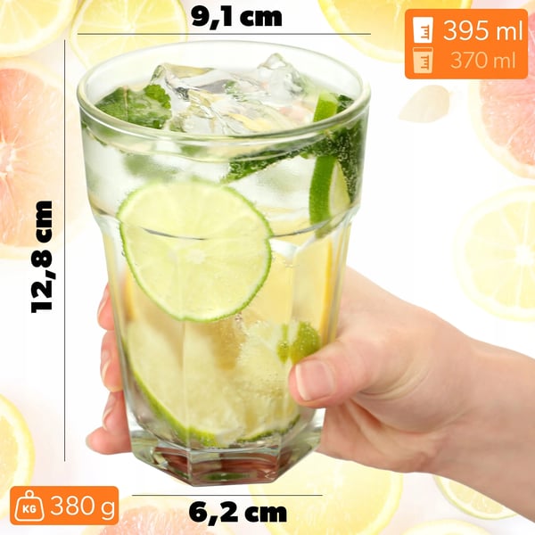 Drikkeglas - Longdrink-/juiceglas - 370 ml - Sæt med 4 - Høje - Fødevaresikre (FCM)
