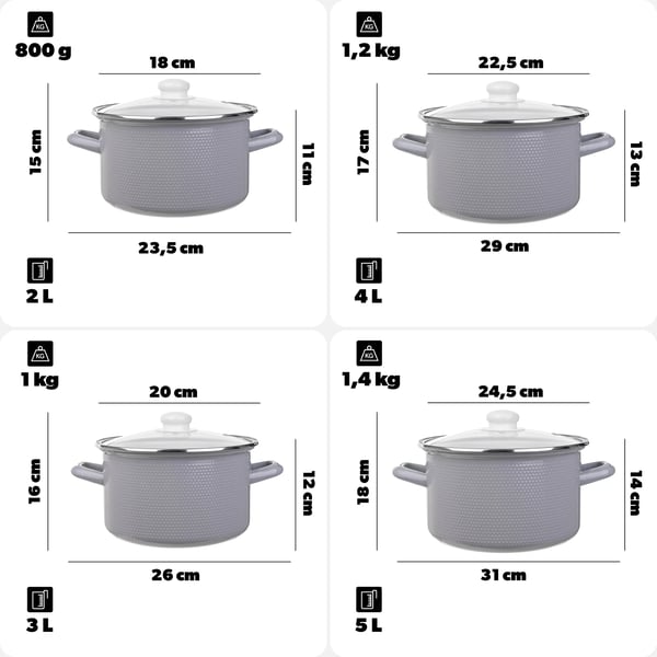 Emailleret Gryde- og Kasserollesæt - Sæt - 4 Størrelser 2 l, 3 l, 4 l, 5 l - Emailleret Overflade - Brun