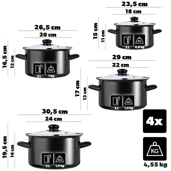 Emaljerede gryder - Sæt - 4 dele - 2 l, 3 l, 4 l, 5 l - FCM-certificeret - Brun
