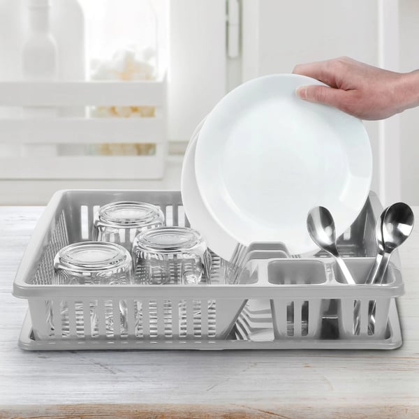 Opvaskestativ - Tørrestativ med Bestikkurv - 38 cm - Kompakt Bordmodel - Grå