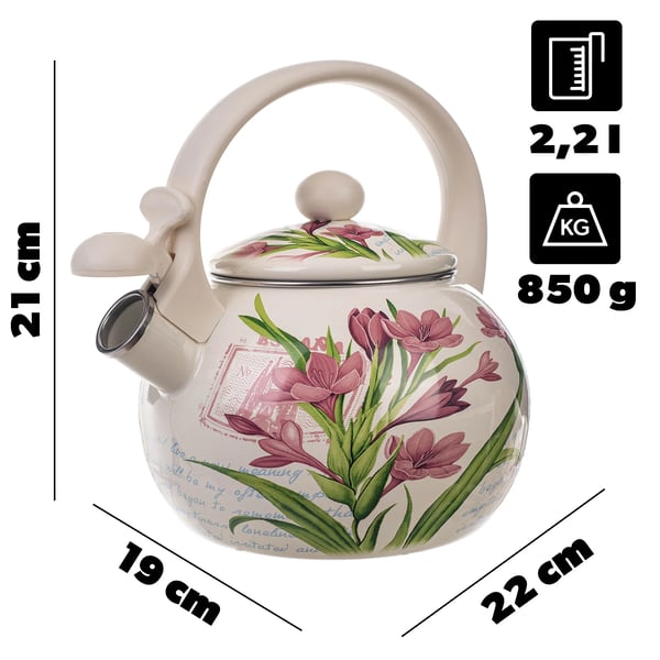 Emaljeret vandkedel - Komfurkedel - 2,2 l - Til induktion og gas - Med fløjte - Ergonomisk håndtag - Klassisk design