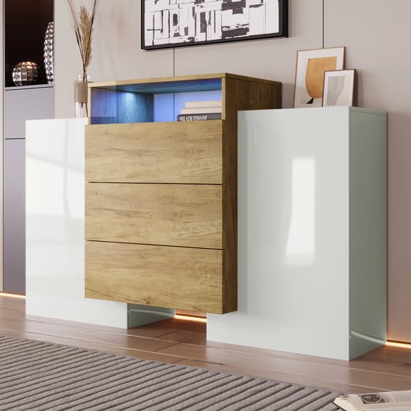 Skænk Sideboard - Skab med Skuffer - LED-belysning - Justerbar Hylde - MDF - 140 x 30 x 77,5 cm - Hvid/Brun