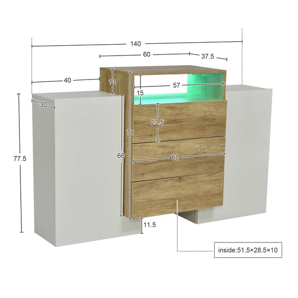 Skænk Sideboard - Skab med Skuffer - LED-belysning - Justerbar Hylde - MDF - 140 x 30 x 77,5 cm - Hvid/Brun