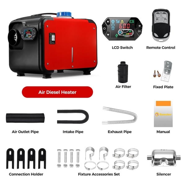 Diesel luftvarmer - Parkeringsvarmer 8 kW 12V - LCD-styring - Tank 5 L - CE-godkendt - Til bil, båd, autocamper - Sort