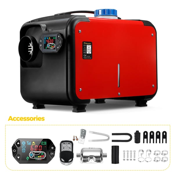 Diesel luftvarmer - Parkeringsvarmer 8 kW 12V - LCD-styring - Tank 5 L - CE-godkendt - Til bil, båd, autocamper - Sort