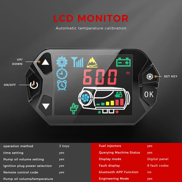 Diesel luftvarmer - Parkeringsvarmer 8 kW 12V - LCD-styring - Tank 5 L - CE-godkendt - Til bil, båd, autocamper - Sort