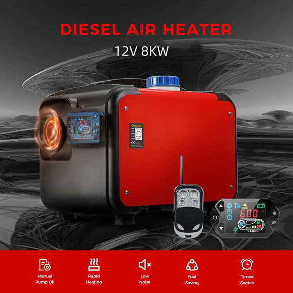 Diesel luftvarmer - Parkeringsvarmer 8 kW 12V - LCD-styring - Tank 5 L - CE-godkendt - Til bil, båd, autocamper - Sort