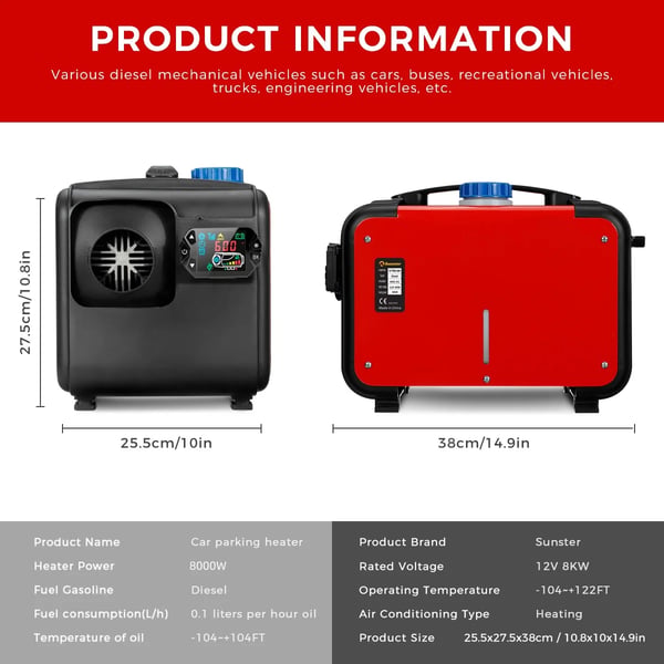 Diesel luftvarmer - Parkeringsvarmer 8 kW 12V - LCD-styring - Tank 5 L - CE-godkendt - Til bil, båd, autocamper - Sort