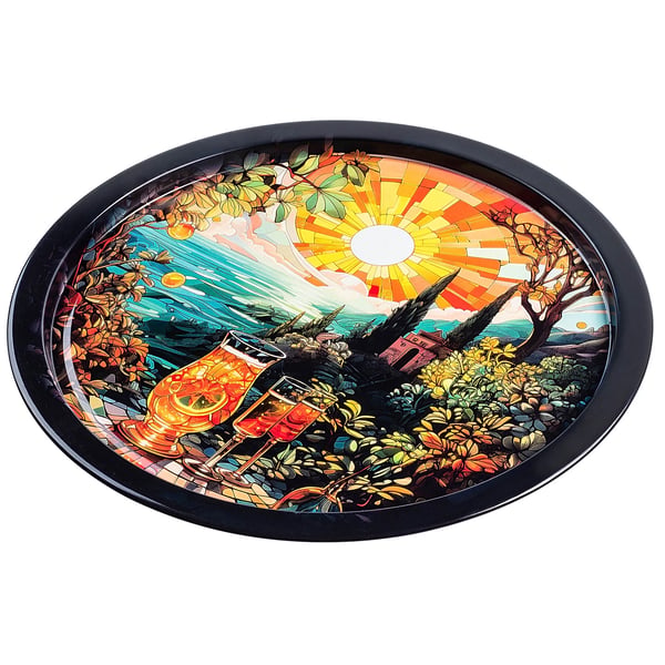 Serveringsbakke - Rund metalbakke - Diameter 32,5 cm - Litograferet dekoration - Motiv Morning Cocktail
