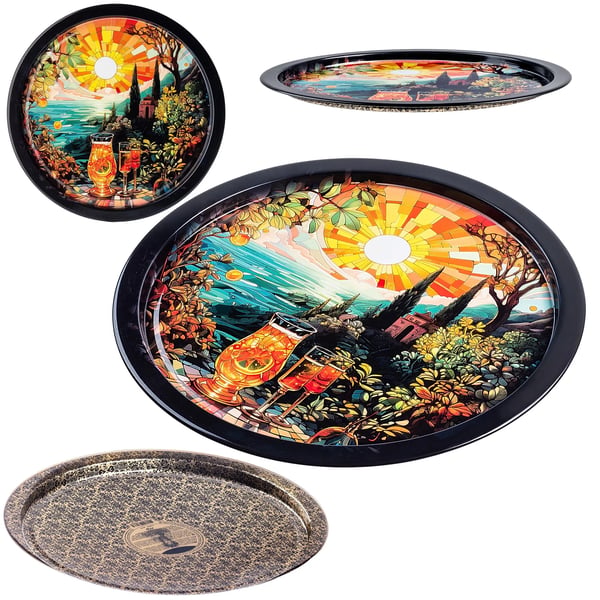 Serveringsbakke - Rund metalbakke - Diameter 32,5 cm - Litograferet dekoration - Motiv Morning Cocktail