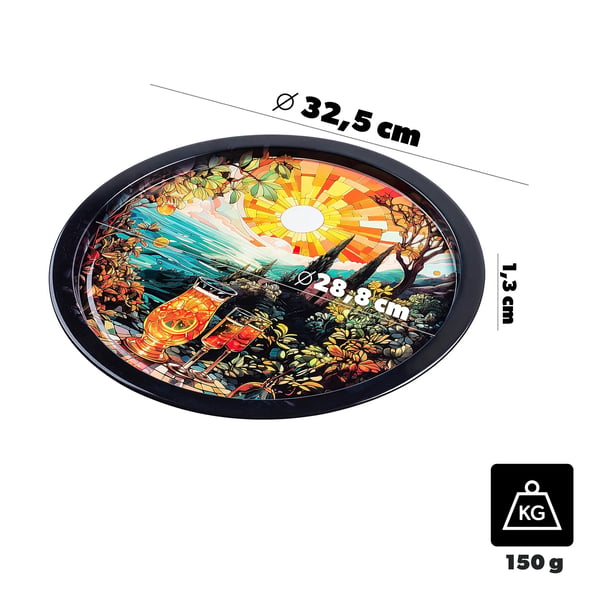 Serveringsbakke - Rund metalbakke - Diameter 32,5 cm - Litograferet dekoration - Motiv Morning Cocktail