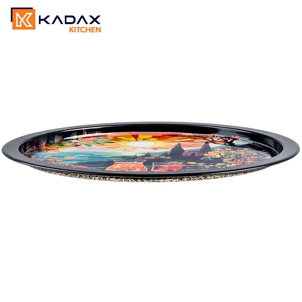 Serveringsbakke - Rund metalbakke - Diameter 32,5 cm - Litograferet dekoration - Motiv Morning Cocktail