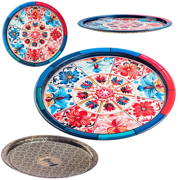 Serveringsbakke - Rund Metalbakke - 32,5 cm Diameter - Mosaikmønster - Litograferet Overflade
