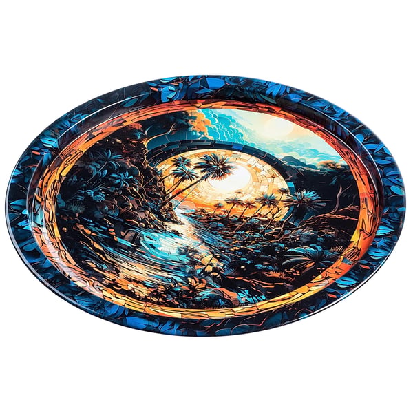 Bakke med palmemotiv - Serveringsbakke i metal - Rund - Ø32,5 cm - Litograferet tryk