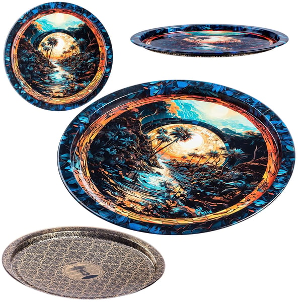 Bakke med palmemotiv - Serveringsbakke i metal - Rund - Ø32,5 cm - Litograferet tryk