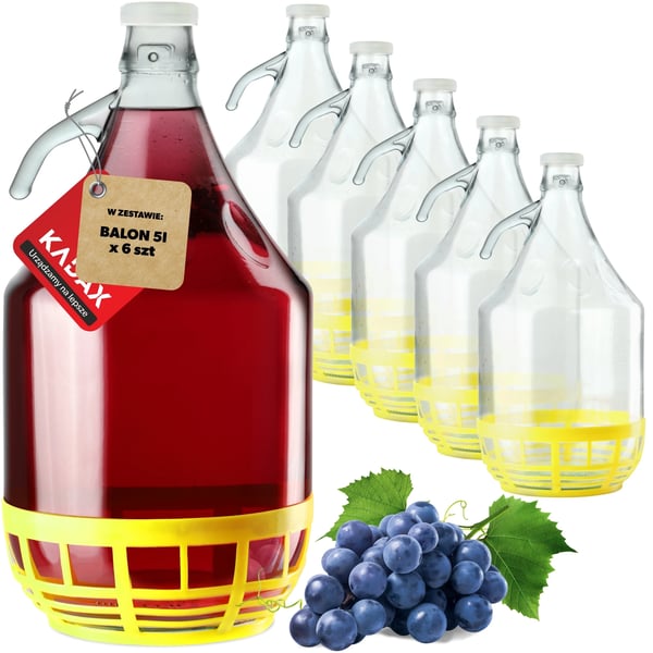 Vinballon i glas - Damejeanne 6 stk. - 5 l - Med kurv - Prop medfølger - Fødevaregodkendt