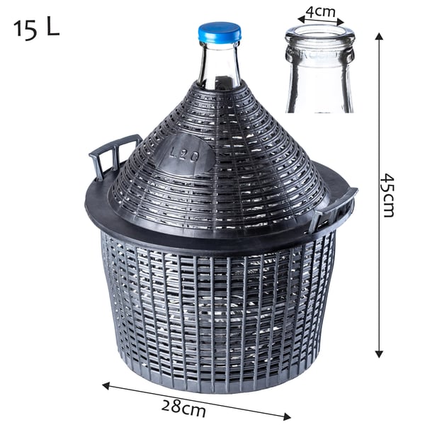 Vinballon / Damejeanne - Gærballon - 15 liter - Med kurv - Skruelåg - FCM-certificeret - Oprindelse Polen