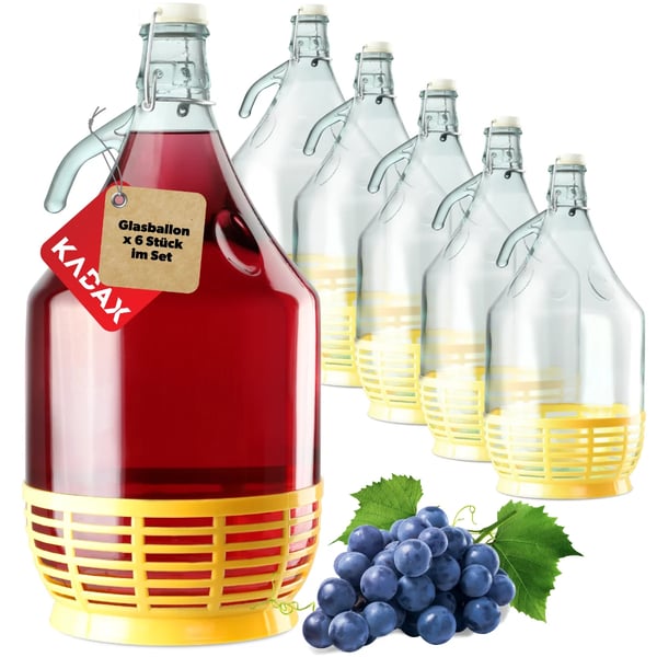 Vinballon/Damejeanne - Sæt 6x 5 l - Til Vin - Med Beskyttelseskurv - Inkl. Prop
