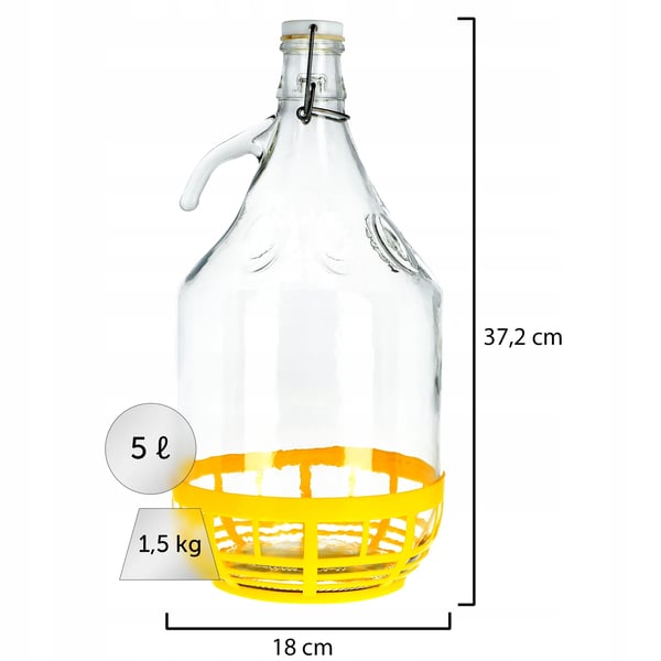 Vinballon/Damejeanne - Sæt 6x 5 l - Til Vin - Med Beskyttelseskurv - Inkl. Prop