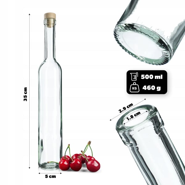 Glasflasker - Til tinkturer og likør - 6-pak - 500 ml (0,5 l) - Korkprop - Hals Ø19 mm