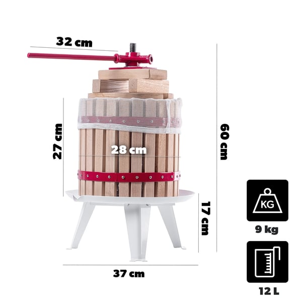 Frugt- og bærpresse - Saftpresser - 12 l kapacitet - Med filterpose - Til juice, vin, tinkturer - CE/EU-certificeret - Fremstillet i Polen