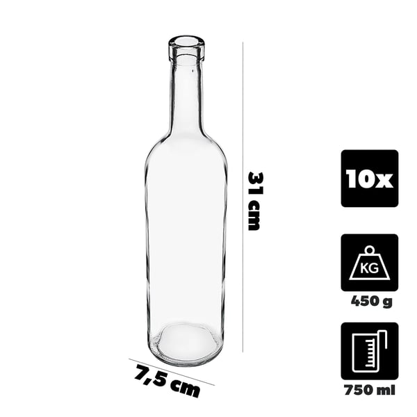 Vinflaskor - Glasflaskor - 750 ml - Klarglas - Utan Kork - 10-pack