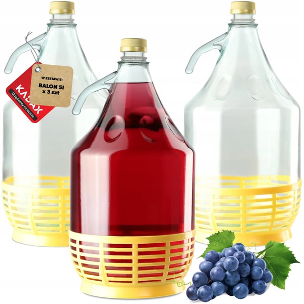 Vinballong / Damejeanne - Glasballong - 3-Pack - 5 L - Med Korg - Med Propp - Livsmedelssäker - För Hembryggning