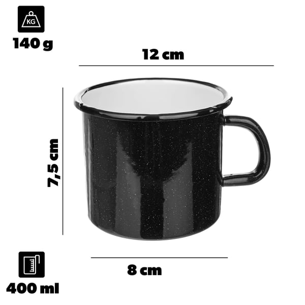 Emaljekrus - Campingkrus - 400 ml - Slidstærk emalje - Let - Sort