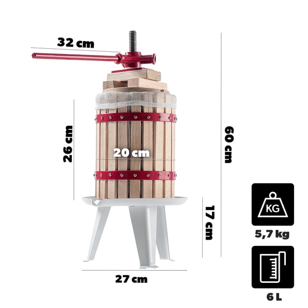 Frugtpresser - Saftpresser 6 L - Til bær og bløde frugter - Med filterpose - Til vin, juice og tinkturer