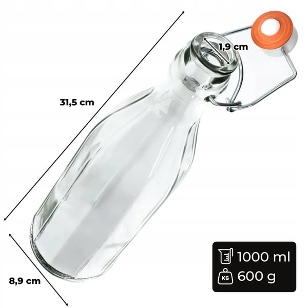Glasflaske - Til vin, tinktur, juice - 1 l - Med korkprop - 6 stk