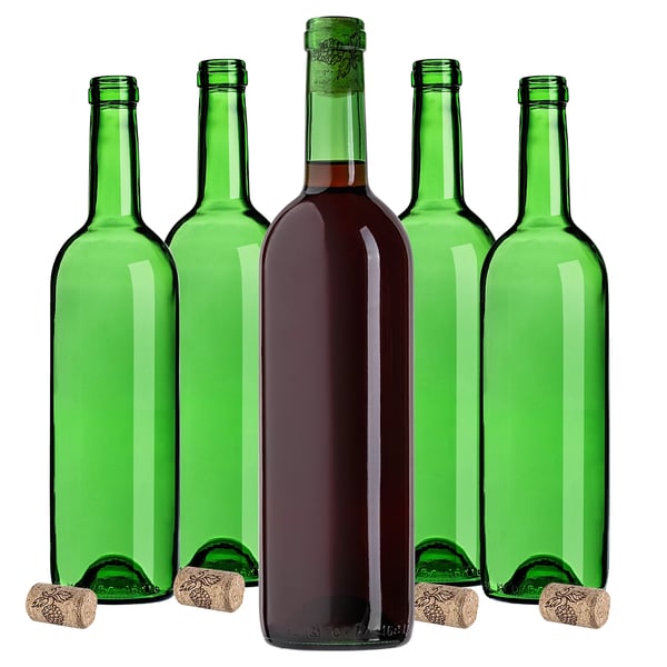 Vinflasker i glas - 750 ml - Sæt 30 stk - Med Agglomereret Korkprop - Grøn