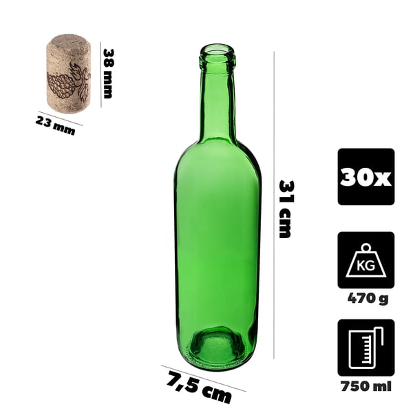 Vinflasker i glas - 750 ml - Sæt 30 stk - Med Agglomereret Korkprop - Grøn