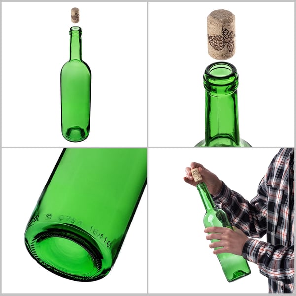 Vinflasker i glas - 750 ml - Sæt 30 stk - Med Agglomereret Korkprop - Grøn