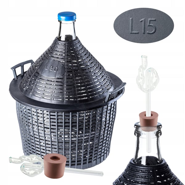 Vinballong - Demijohn - 15 liter - Med korg - Propp med rör - Set - FCM-certifierad