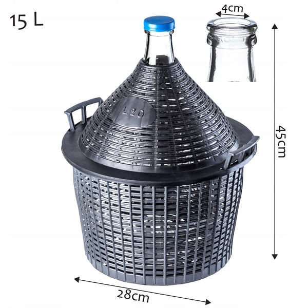 Vinballon - Demijohn - 15 liter - Med kurv - Prop med rør - Sæt - FCM-certificeret
