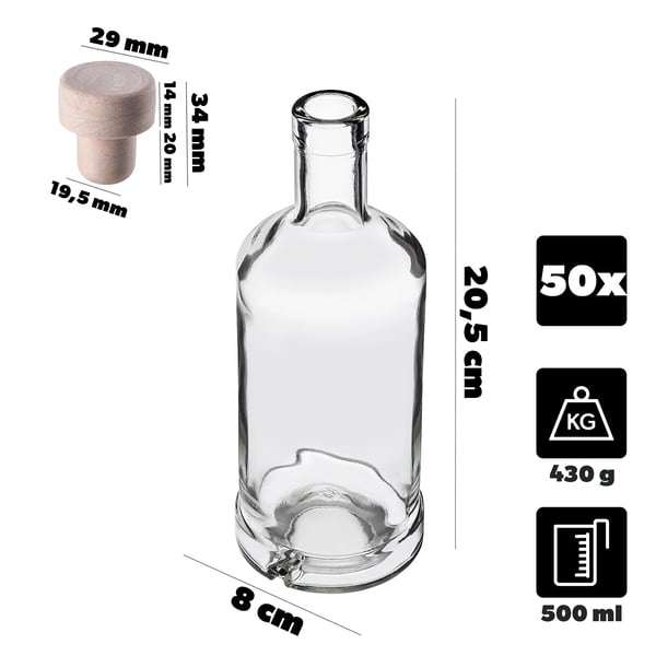 Glasflaske - 500 ml - Med syntetisk prop - 50-pak