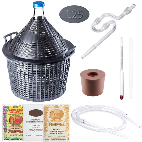 Vinfremstillingssæt - Gæringsballon 25 l - Sifon og slange - Prop - Vinometer - Gær - FCM-certificeret