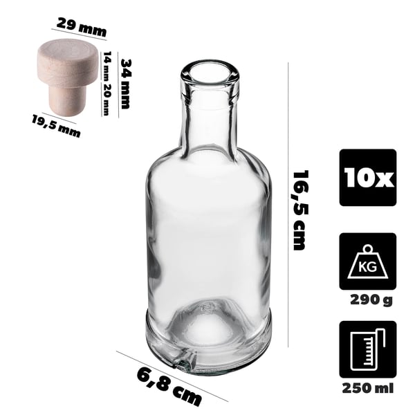 Glasflaskor - 250 ml med syntetisk kork - 10-pack - Påfyllningsbara - Klarglas