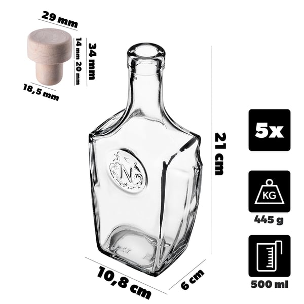 Glasflaske - Tinkturflaske - 500 ml - Syntetisk prop - 5-pak